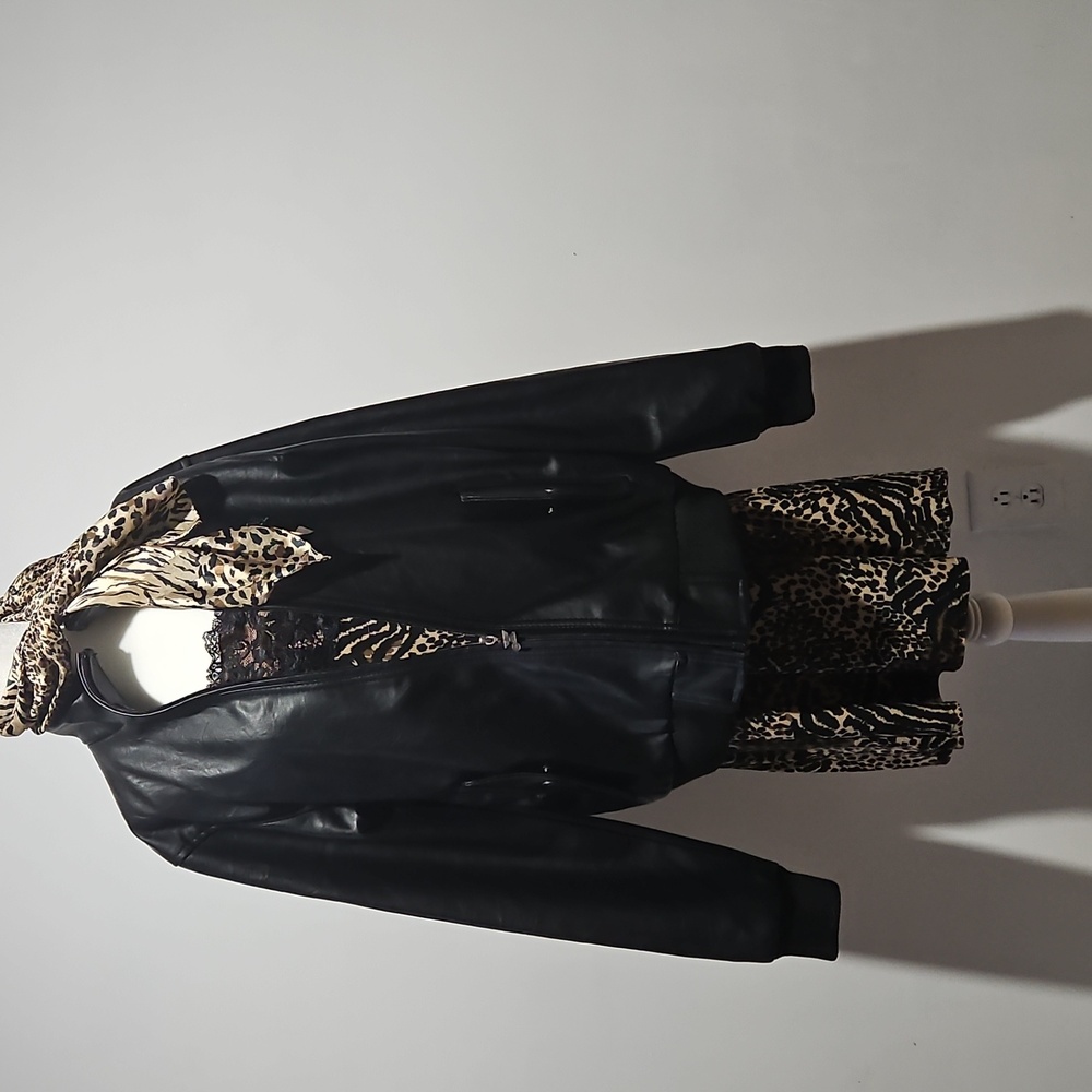 Black Leather Jacket with Leopard Print Dress